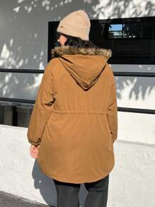 SHEIN EZwear Plus Drawstring Waist Fuzzy Trim Hooded Parka Coat, For Winter Fall Autumn - Brown - View 4