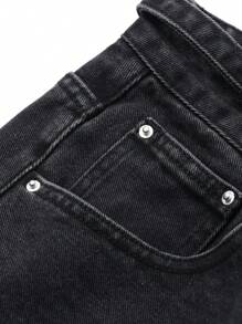 DAZY 女式抽绳腰系带直筒休闲牛仔裤 Old Money 风格商务休闲女装 - 黑色 - 查看 9