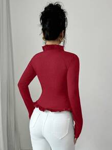 Elenzga Women's Bow Decor Frill Trim Long Sleeve Casual T-Shirt - Red - View 2