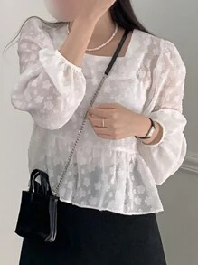 DAZY Blusa blanca de manga larga con cuello cuadrado holgada y estampado jacquard de unicolor para mujer, primavera/verano