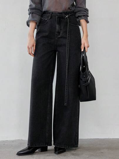 Women's Drawstring Waist Tie Straight-Leg Casual Denim Jeans Old Money Old Money Style Business Casual Women