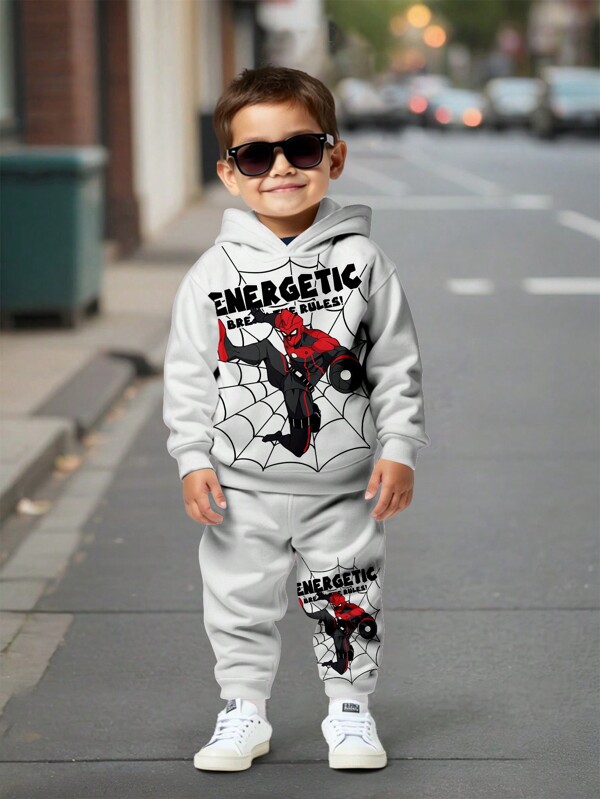 SHEIN Young Boys Loose Fit Casual Sports Minimalist Design Long Sleeve Hoodie Sweatshirt Set, Comfortable For Autumn/Winter