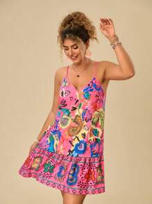 Travachic Vestido de verano de tallas grandes con estampado multicolor bohemio y tirantes
