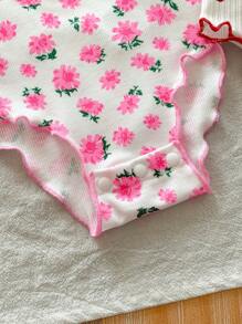 SHEIN LMoss Kids LMoss 2件套新生女宝宝夏季可爱碎花卡通印花针织弹力按扣短袖连体衣套装 - 粉色 - 查看 4