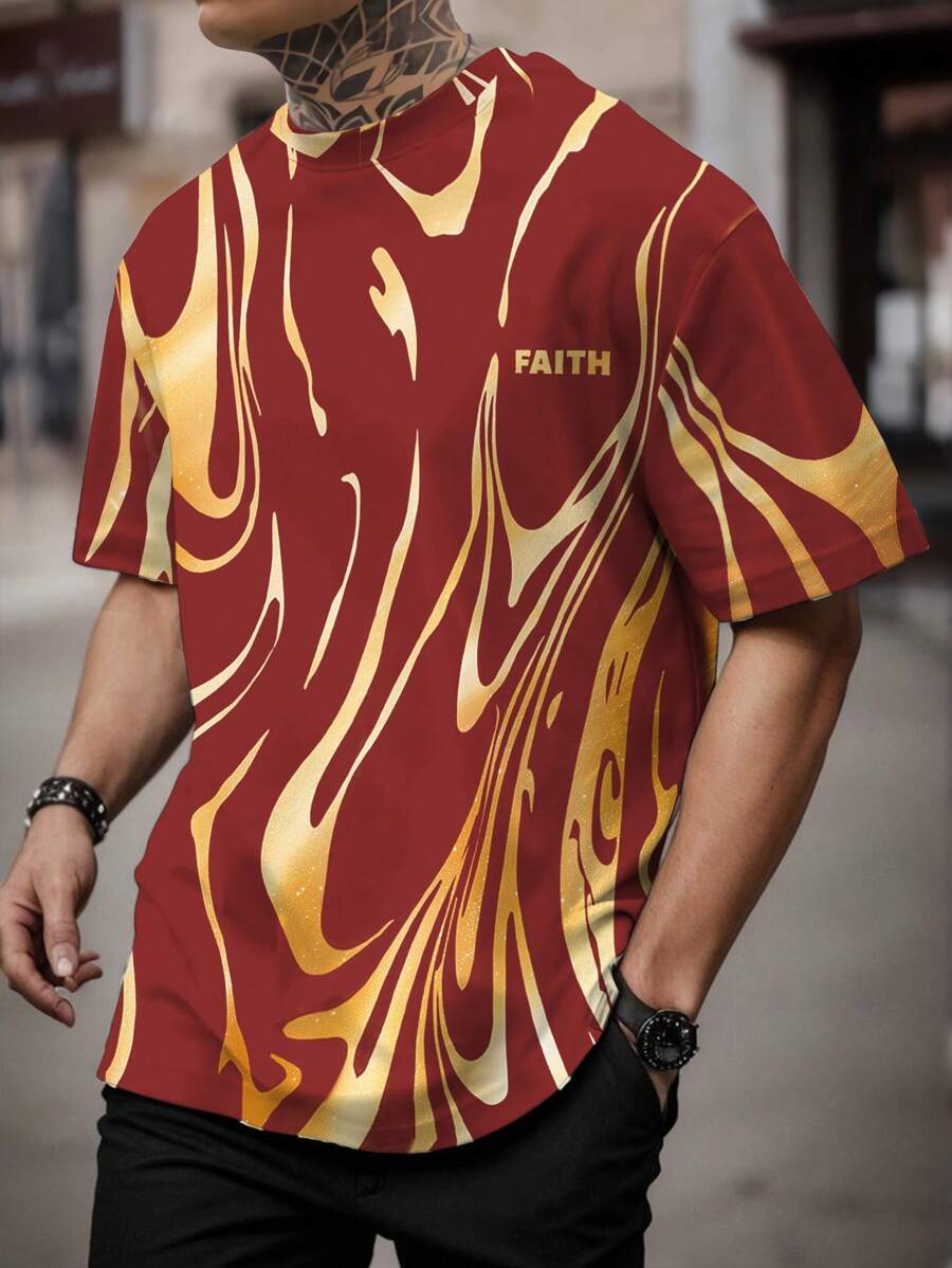 Manfinity LEGND Men's Casual Letter Print Round Neck Short Sleeve T-Shirt - Red - View 1