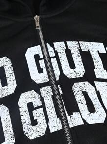 Manfinity EMRG 男士休闲字母印花长袖拉链连帽运动衫，秋冬 - 黑色 - 查看 6