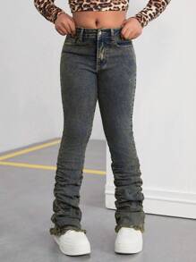 SHEIN Quần ống loe xếp ly màu xanh dương vintage kiểu Y2K dành cho bé gái, phong cách đường phố mùa thu. - Rửa tối - Xem 5