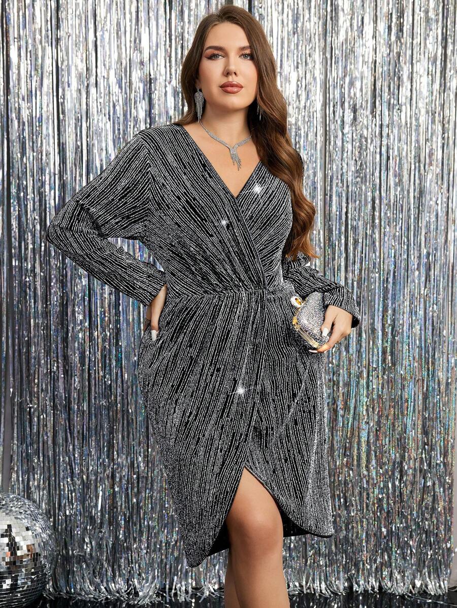 SHEIN Clasi Đầm ngắn thanh lịch cổ chữ V dài tay cỡ lớn thường ngày - Bạc - Xem 1