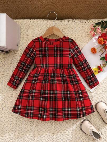 Baby Girl Höst Söt Collegiate Röd plädstickad elastisk långärmad julklänning, mamma och jag matchande outfits (2 stycken säljs separat)