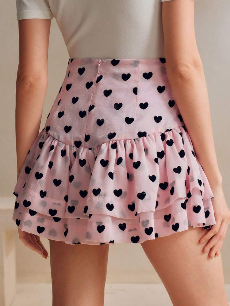 Cute Daily Wear Heart Pattern Pink Ruffle Edge 3D Floral A-Line Skirt For Women, New Year