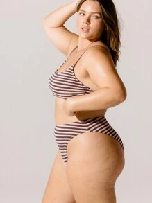 Aralina Plus Size Curve Contrast Striped Scoop Neck Crop Cute Bikini Set High Waisted Tummy Control Bottoms Bikini Set For Vacation Or Spa Day - Pink - View 9