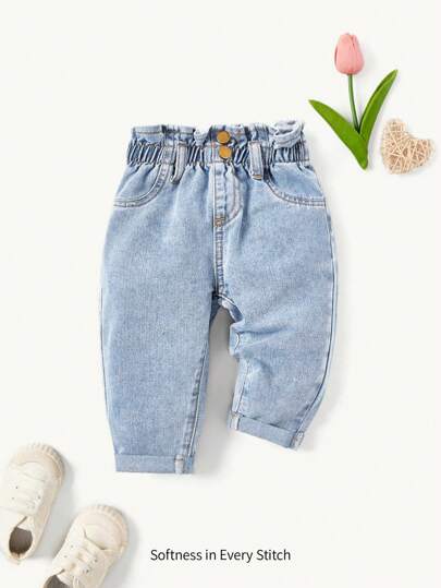 Cozy Pixies Baby Girls' Summer Boho Cute Ruffle Waist Baggy Soft Denim Jeans Pants With Rolled Up Hem