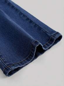 SHEIN 少女休闲前口袋破洞简约牛仔裤 - 深色水洗藍 - 查看 3