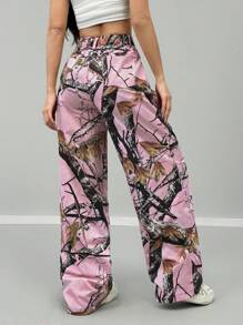 SHEIN EZwear Pantalones de pierna ancha de mujer casuales con estampado de ramas de árbol tejidos