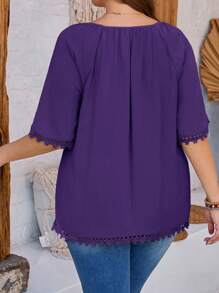 EMERY ROSE Plus Size Women Solid Color Round Neck Raglan Sleeve Contrast Lace Elegant Blouse For Summer - Violet Purple - View 2