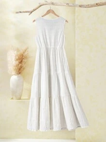 EMERY ROSE 大码女式 V 领无袖荷叶边下摆休闲白色夏季连衣裙 - 白色 - 查看 2