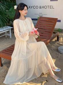 DAZY Women Solid Color Round Neck Lantern Sleeve Loose Long Dress, Ruffle Dress - Beige - View 4