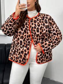 SHEIN Frenchy Plus 女式长袖豹纹亮橙色棉服外套，冬季，豹纹服装