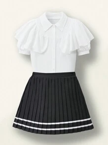 SHEIN Explorewe 两件套校服套装：短款泡泡袖衬衫和拼色百褶迷你裙，适合青春期女孩 - 黑與白 - 查看 6