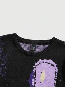 ROMWE MEN Street Life 男士圆领长袖图案细节休闲针织毛衣 - 黑色 - 查看 4