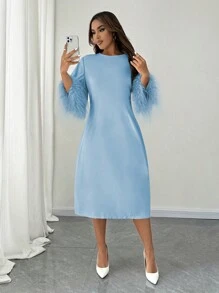 Celure Vestido de manga larga con aplicación de pelo sintético y mangas acampanadas, elegante y recto para mujer de talla grande