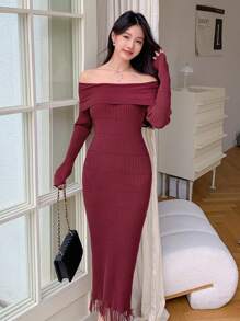 DAZY Robe pull femme épaules dénudées à franges de couleur unie, convient pour le Nouvel An chinois et la Saint-Valentin, vêtements d'automne, robes rouges pour femmes