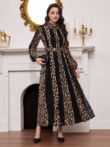 Modelyn Women's Elegant Leopard Print & Lace Patchwork Long Shirt Collar Dress, Spring/Summer