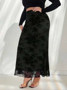 SHEIN Privé Plus Size Elegant Mermaid Hemline Knitted Flocked Fabric Stretchy Long Skirt For Women, Autumn/Winter