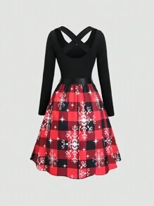 SHEIN Clasi Women's Plaid And Snowflake Print Patchwork Bowknot Short Dress - Multicolor - View 2