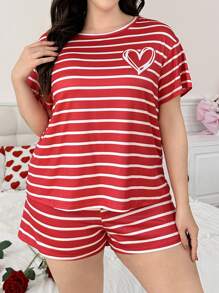 大码个性化时尚条纹和心形印花睡衣套装