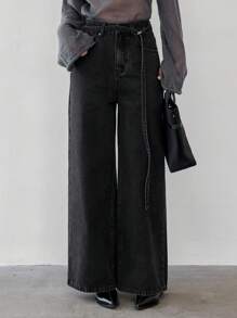 Dazy-Less 女式抽绳腰系带直筒休闲牛仔裤 Old Money 风格商务休闲女装 - 黑色 - 查看 6