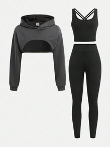 Conjunto de 3 piezas para niñas preadolescentes: sudadera con capucha corta y relajada, chaleco con tirantes cruzados y leggings elásticos ceñidos, estilo deportivo casual