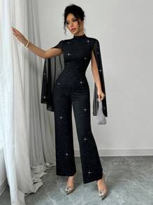 Selianne 女士金属网眼和黑色面料拼接优雅连身裤 - 黑色 - 查看 5