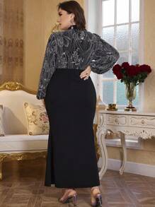 Modelyn Damen Große Größen V-Ausschnitt Laternenärmel Taille mit Kordelzug Fischschwanz-Kleid, elegant für Party