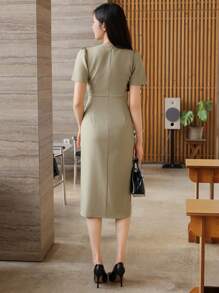 DAZY Women's Summer Solid Color Tie Neck Midi Dress Sundress - Green - View 2