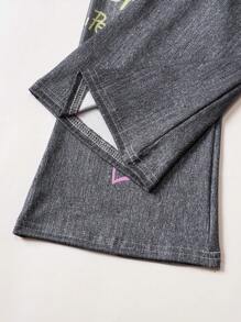 大码青少年女孩时尚字母图案牛仔喇叭裤，舒适长款紧身裤 - 灰色 - 查看 7