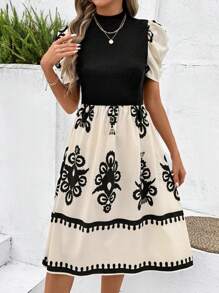 SHEIN Clasi 女式阴阳印花短袖中长连衣裙，适合休闲、度假、旅行穿着