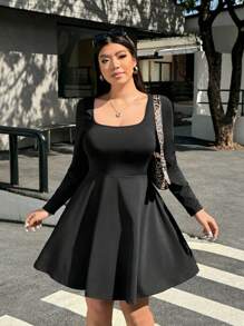 Solflare 大码女式方领宽松长袖纯色休闲连衣裙 - 黑色 - 查看 7