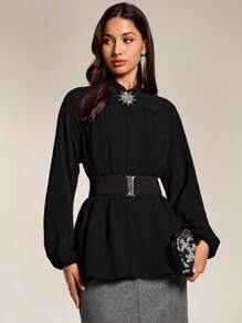 Modelyn Women's Rhinestone Decor Long Sleeve Minimalist Black Blouse, Casual For Daily Wear