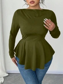Celure Plus Size Women Off Shoulder Long Sleeve Cinched Waist A-Line T-Shirt Top - Army Green - View 1