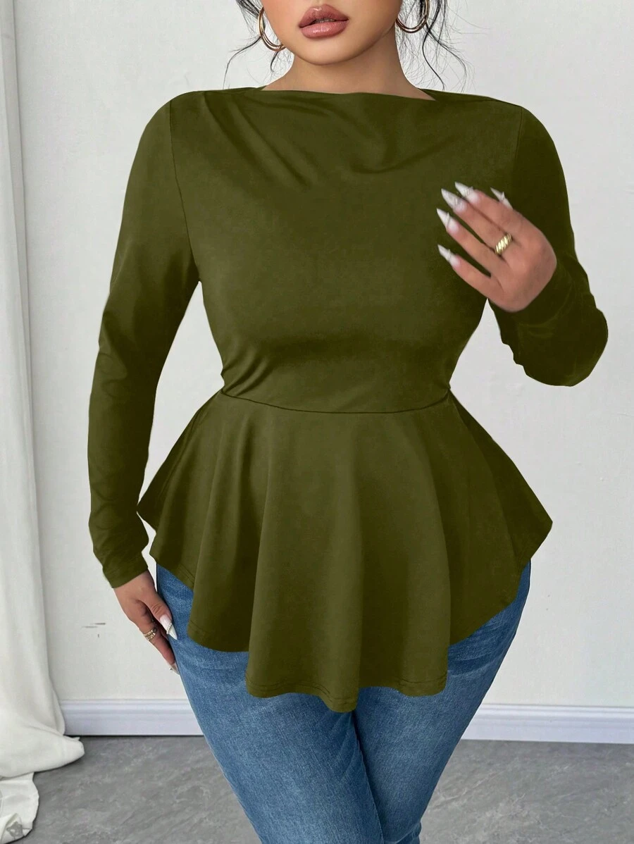 Celure Plus Size Women Off Shoulder Long Sleeve Cinched Waist A-Line T-Shirt Top - Army Green - View 1