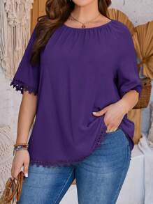 EMERY ROSE Plus Size Women Solid Color Round Neck Raglan Sleeve Contrast Lace Elegant Blouse For Summer - Violet Purple - View 1