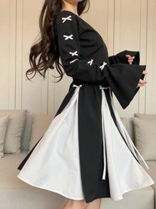 SHEIN Nova Glow Tween 女童蝴蝶结装饰圆领长袖拼色优雅黑白连衣裙，适合日常穿着、派对礼服，适合秋冬季 - 黑與白 - 查看 7