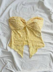 Soleia 性感休闲白色花朵提花针织扭纹前襟女式衬衫 - 黃色 - 查看 5