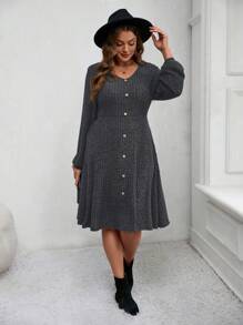 EMERY ROSE 大码女式灯笼袖纹理纽扣装饰中长连衣裙，秋季女装