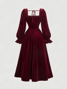 SHEIN MOD Women's Solid Color Lace-Up Long Sleeve Simple Ruched Long Dress,New Years Eve Outfit,Elegant Women Dresses,Party Women Outfits,Red Women Dresses,Red Formal Dress,Holiday Women Outfits,Red Long Dress,Valentine Day,Vintage Clothes Women