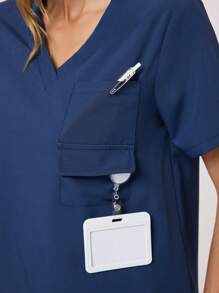 TaskEZ Solid Color Short Sleeve & Long Pants /Nursing Scrub Uniform Set - Navy Blue - View 4
