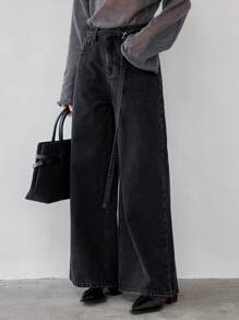Dazy-Less 女式抽绳腰系带直筒休闲牛仔裤 Old Money 风格商务休闲女装 - 黑色 - 查看 7