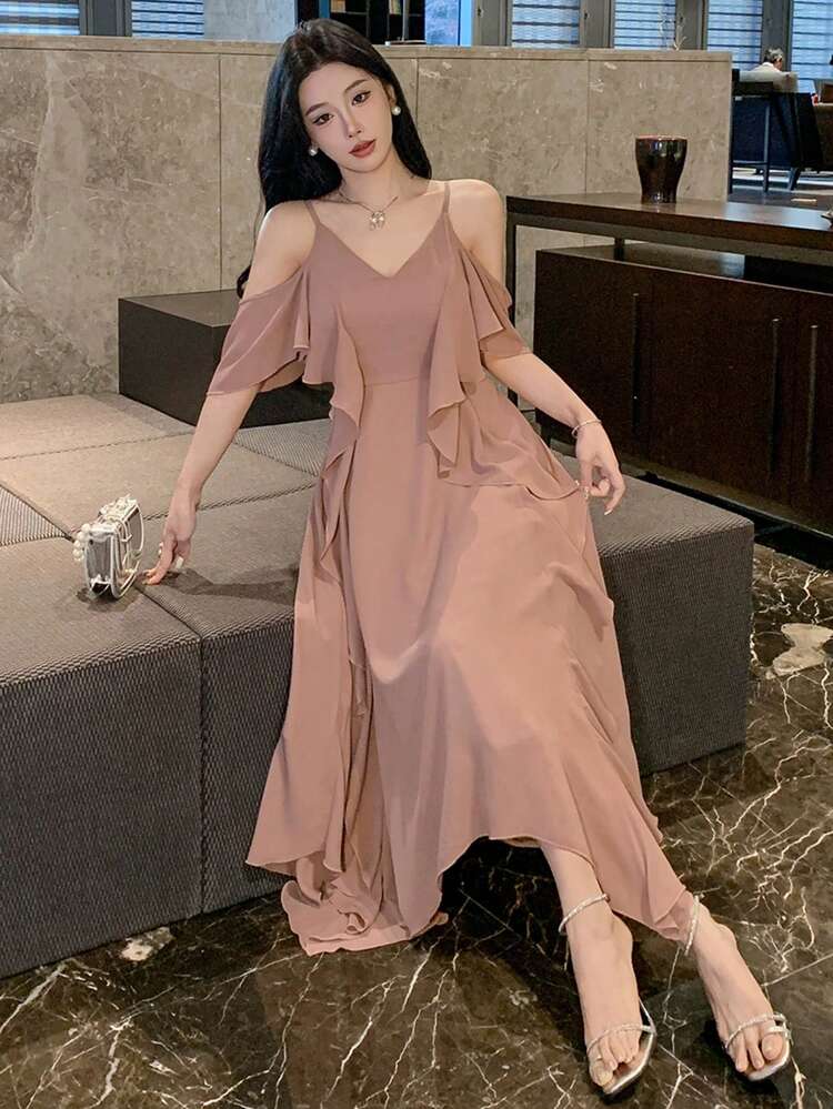 Plain V-Neck Ruffle Ruffle Hem Mid-Length Dress For Women Prom Dress Sundress,Casual Women Dresses Elegant Women Dresses