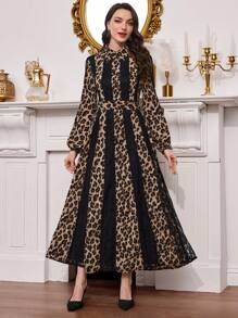 Modelyn Women's Elegant Leopard Print & Lace Patchwork Long Shirt Collar Dress, Spring/Summer